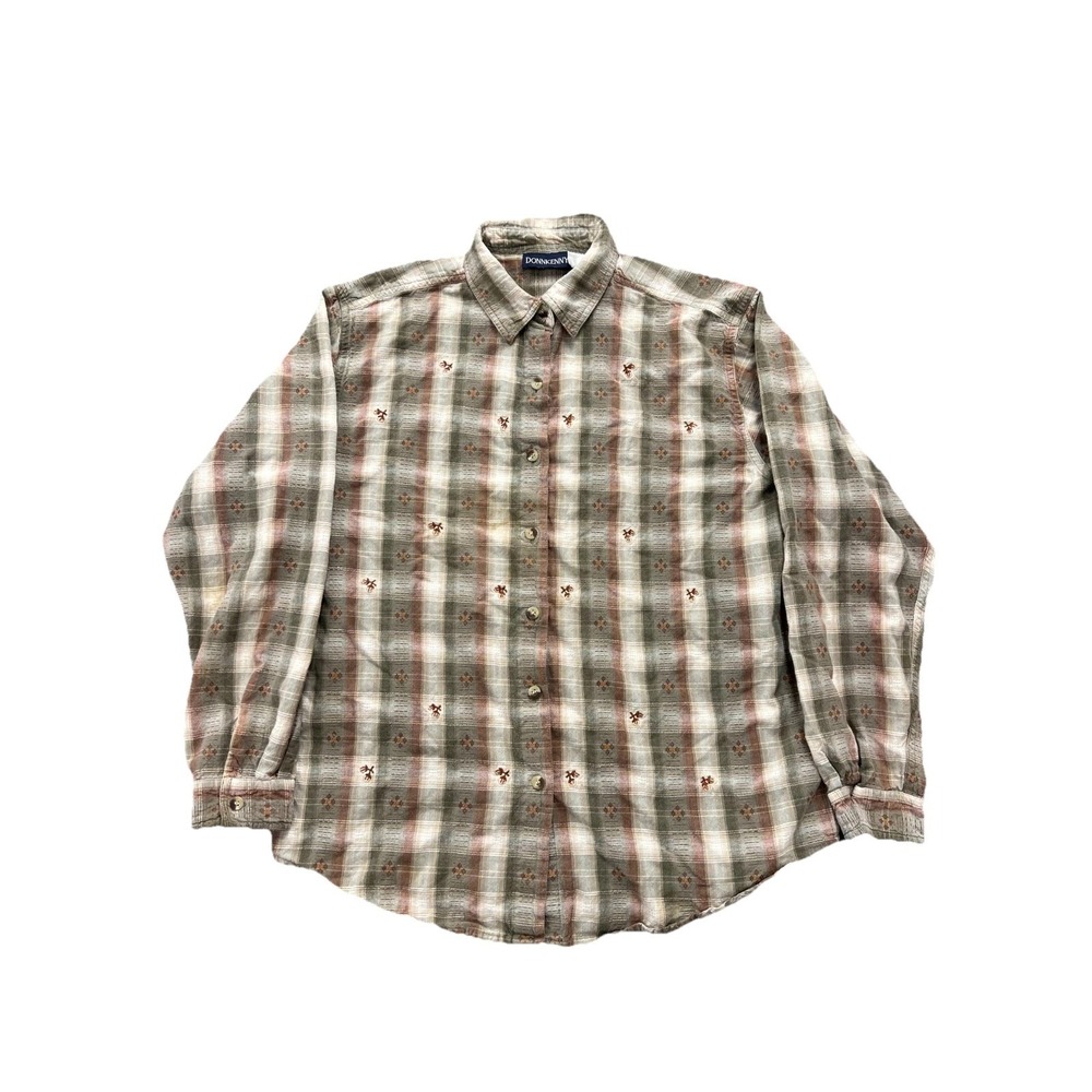 Donnkenny Shirt Womens XL Multicolorβ Plaid Embroidered Floral Cotton Button Up